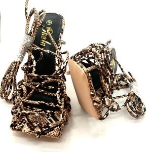 SHEIN Brown Snake Print Lace-Up Heels